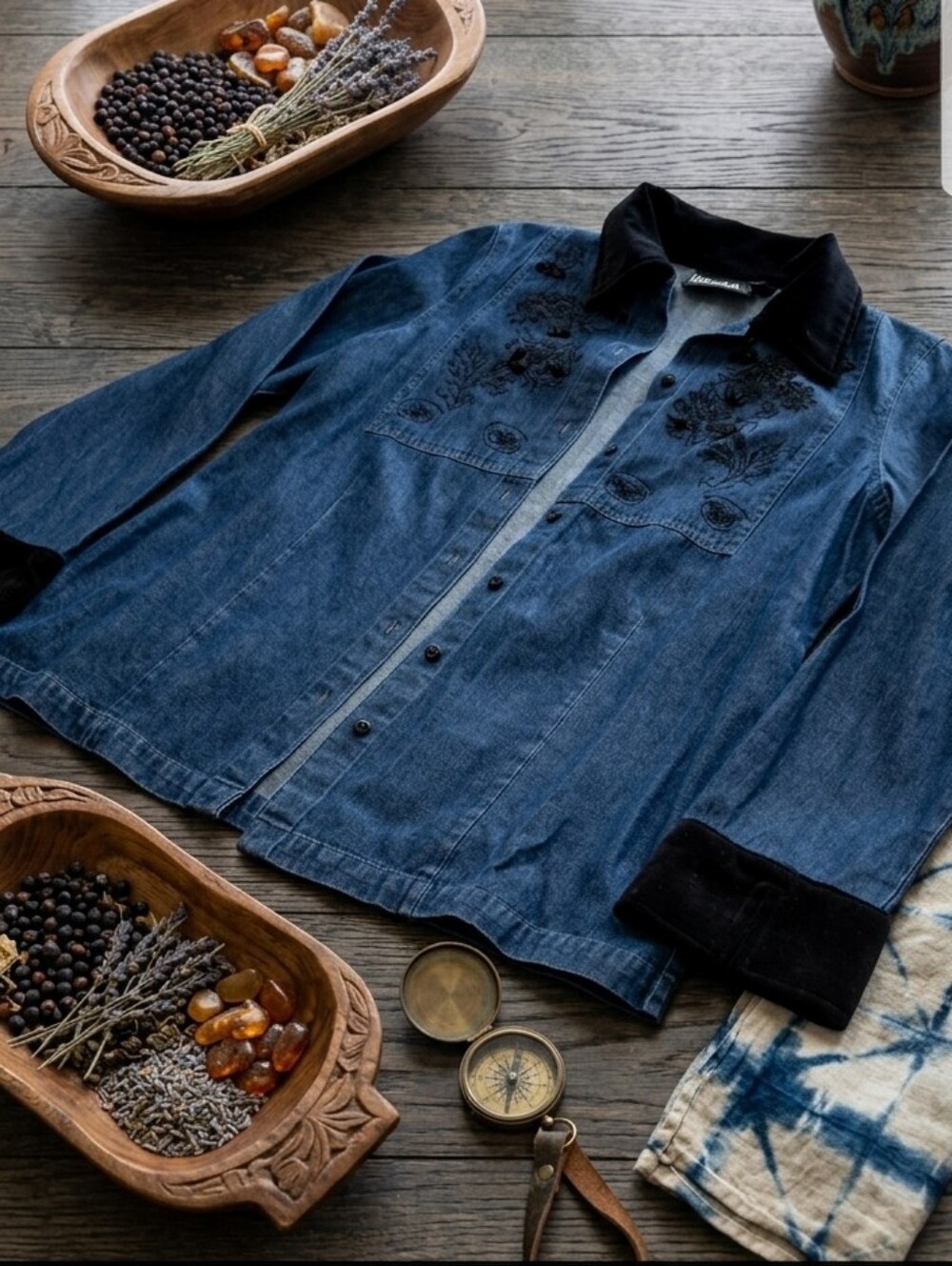 Denim Button-Up Blouse with Velvet Trim - Blue